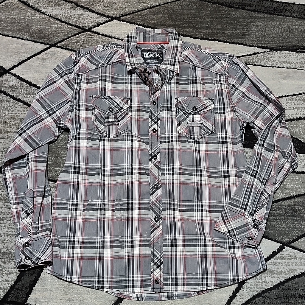 BUCKLE BLACK EMBROIDERED CONTRAST-TRIM PLAID ATHLETIC-FIT LONG-SLEEVE SHIRT